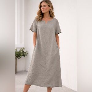 OSKA Women’s Linen Textured Oversized Casual Gray Midi Dress with Pockets SZ 1
